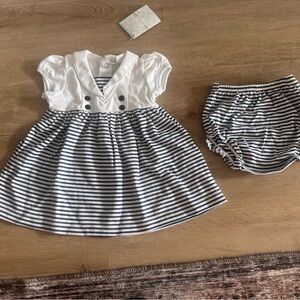 Kissy Kissy Navy and White Striped Dress with Collar and bloomers